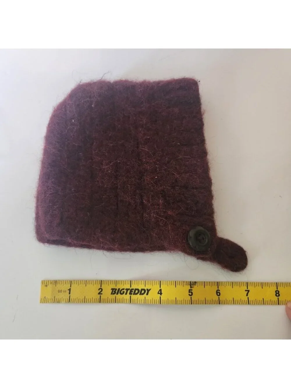 Burgundy Wool Knit Bonnet Hat Button Chin Strap Fuzzy Warm WinterCap Handcrafted